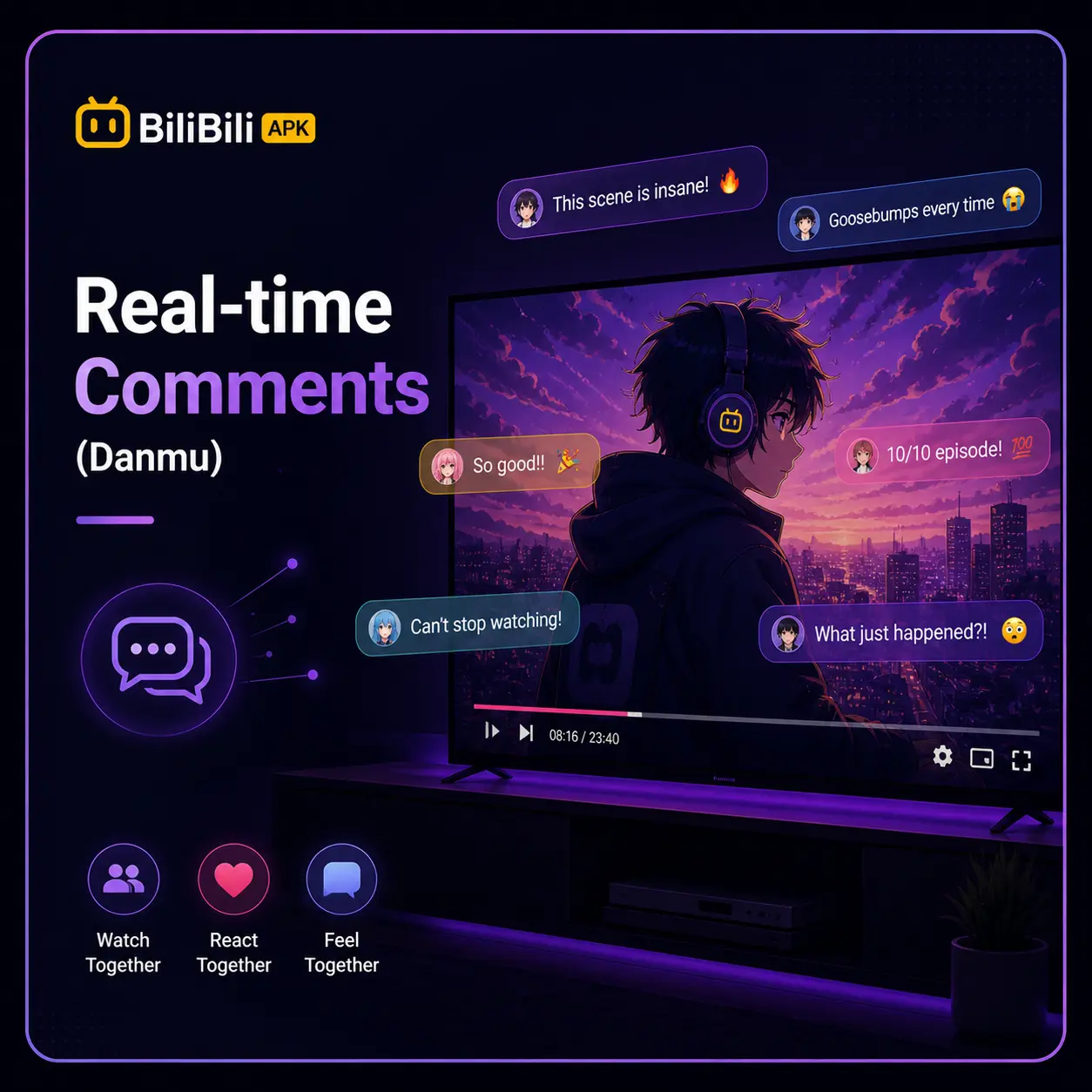 BiliBili APK real-time comments (danmu) feature showing floating chat messages over anime video on screen