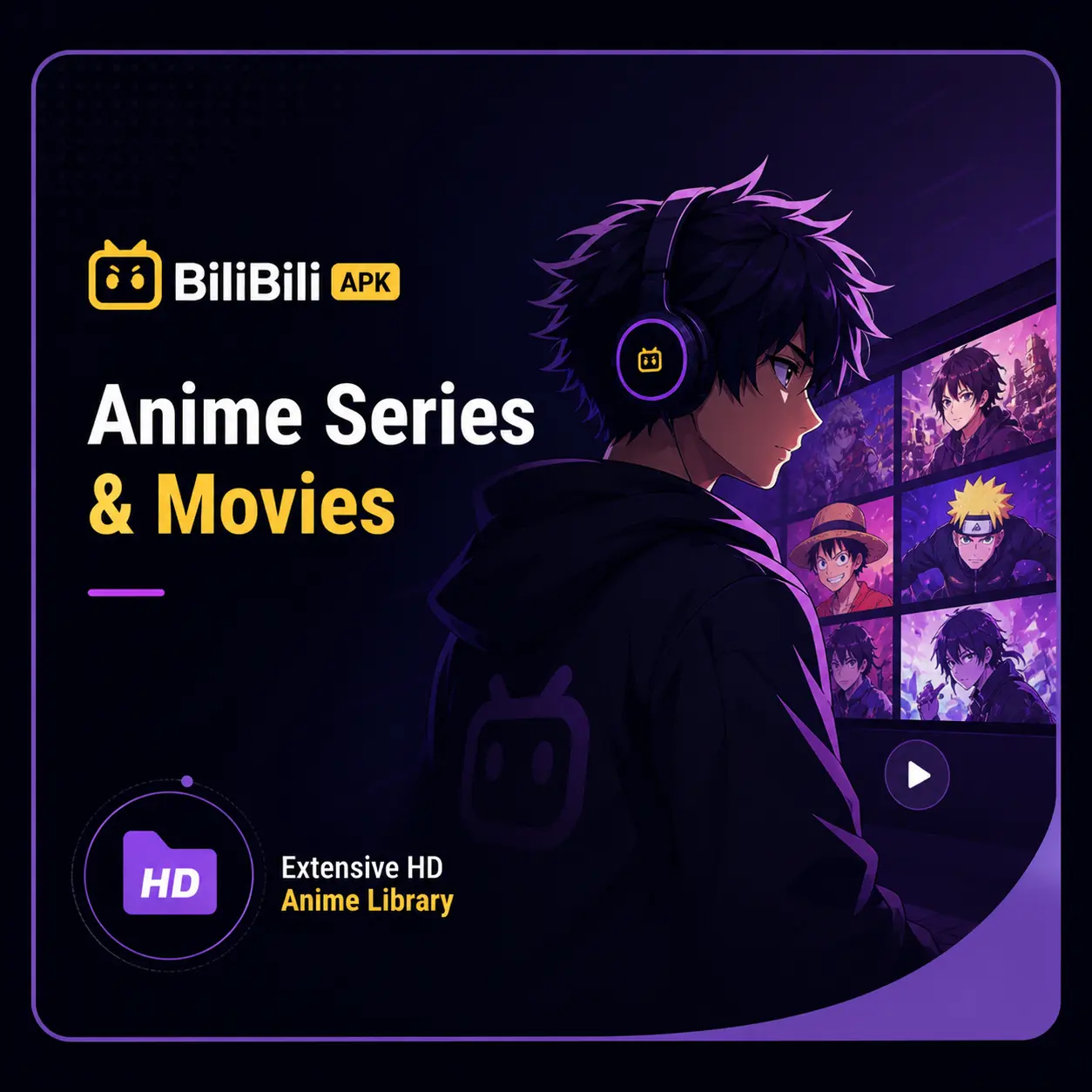 BiliBili APK anime streaming interface showing HD anime series and movies with a modern dark UI and clean layout
