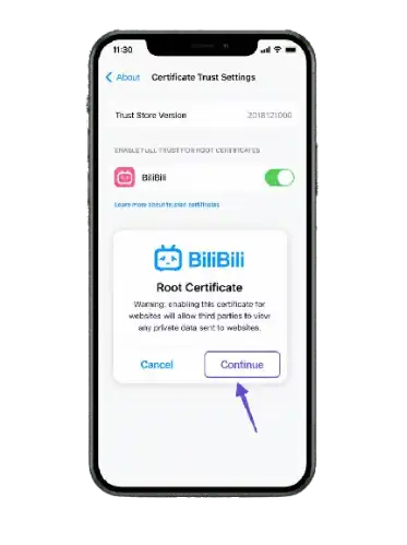 Smartphone mockup showing Bilibili root certificate popup with Continue button highlighted in purple on a white background.
