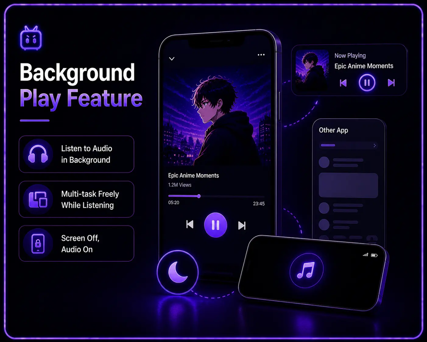 Neon purple mobile interface showing background play feature with audio playing while using other apps