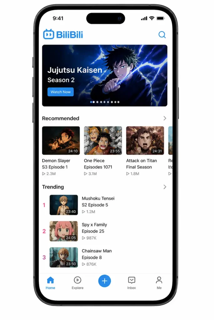 bilibili app home screen anime videos recommended trending interface mobile mockup