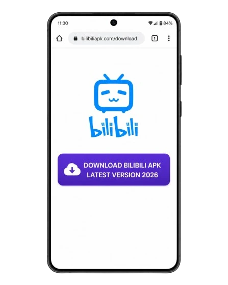 Download Bilibili APK latest version 2026 button on mobile screen with purple theme