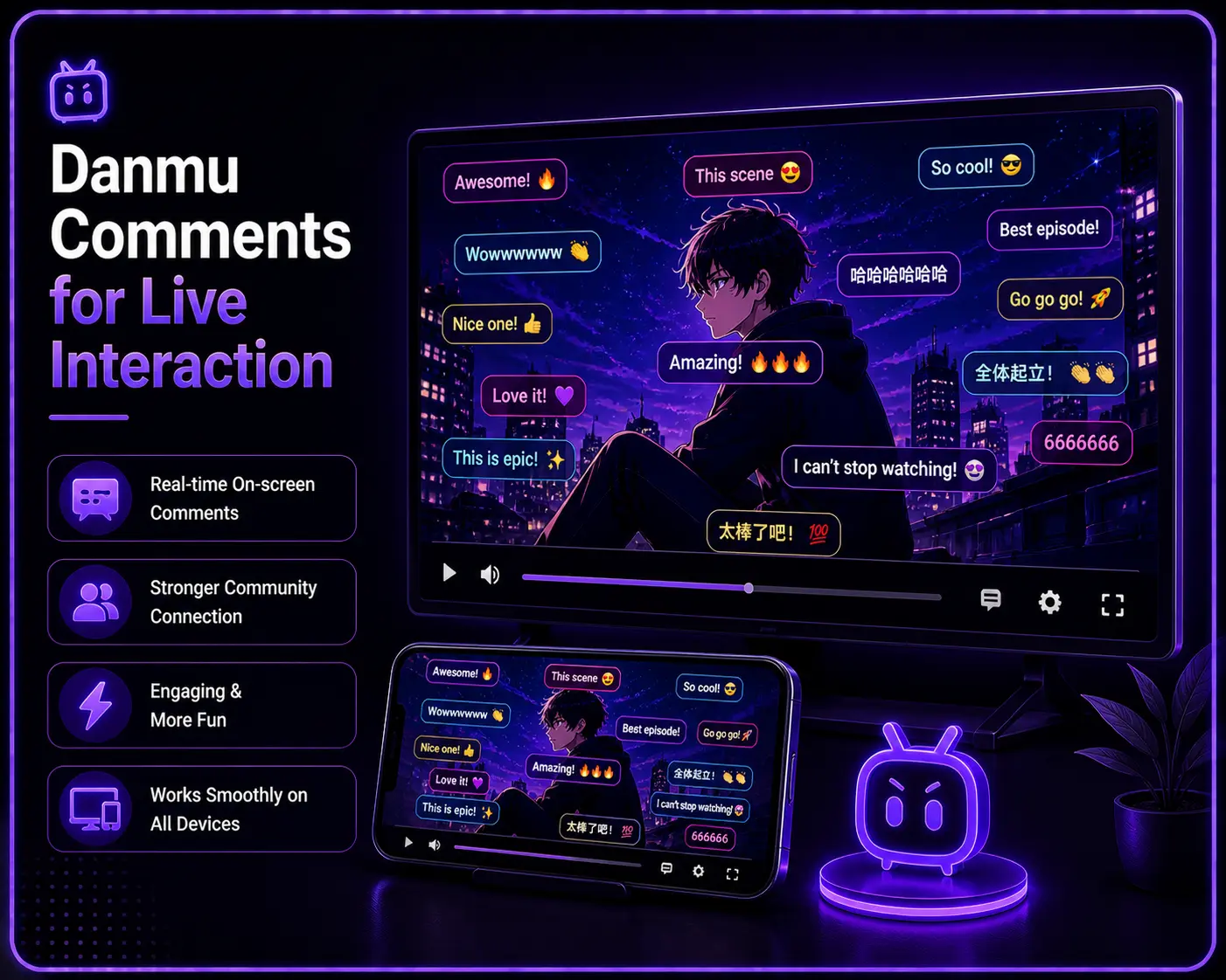 Neon purple streaming screen showing danmu live comments floating over video with real-time interaction