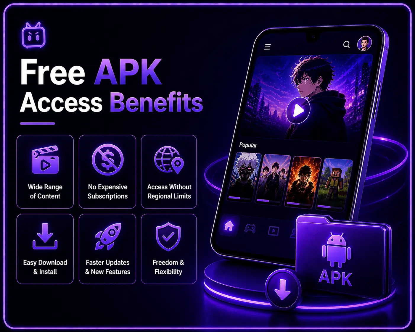Neon purple app interface showing free APK access benefits with mobile screen and download concept