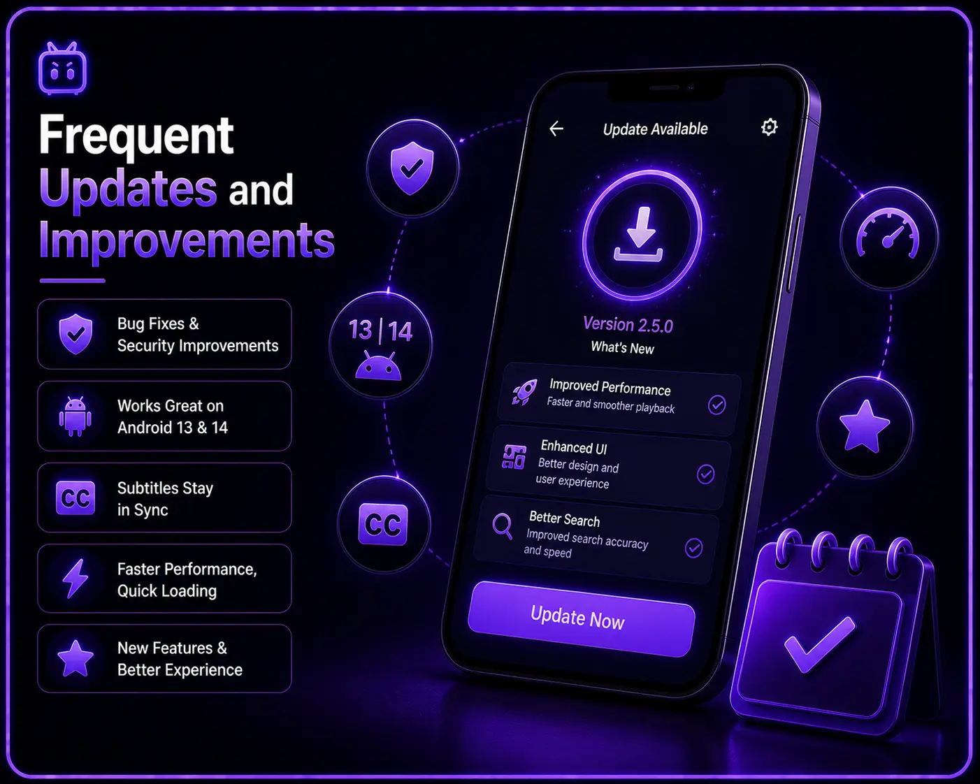 Neon purple mobile interface showing frequent app updates with improved performance and new features