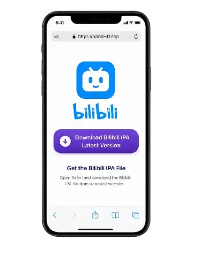 Mobile mockup showing Bilibili IPA download page in Safari with official logo and purple download button on a white background