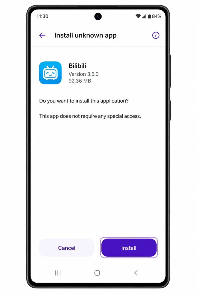 Install APK on Android screen showing install button bilibili app installation