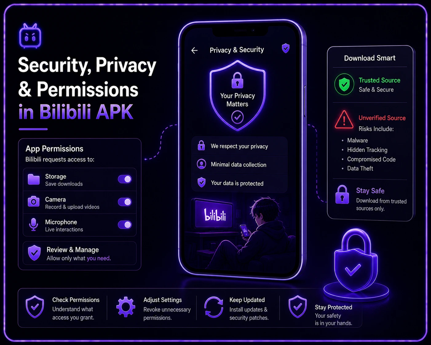 Neon purple security interface showing app permissions, privacy controls, and safe APK download guidance