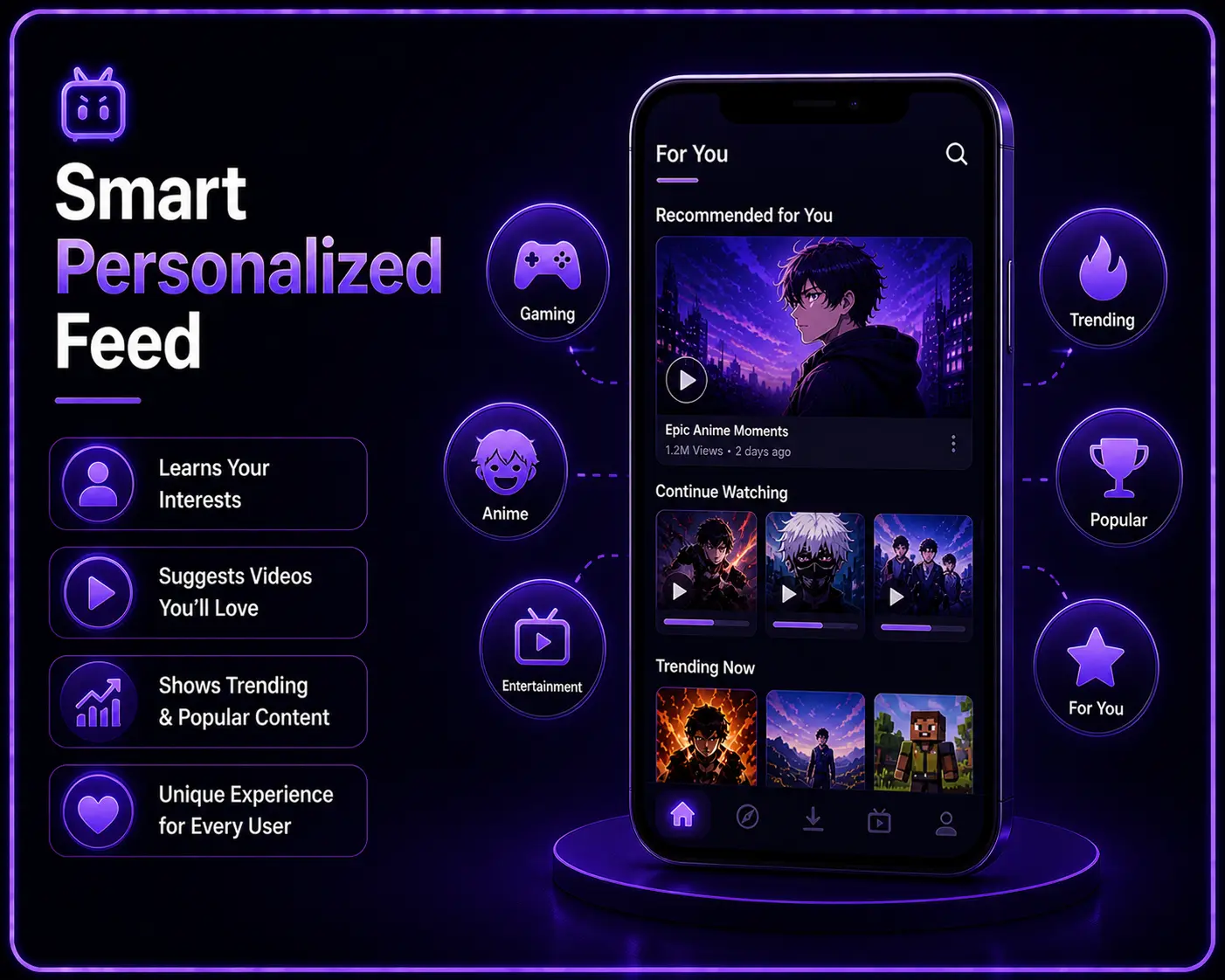 Neon purple mobile app interface showing smart personalized feed with recommended anime and gaming content
