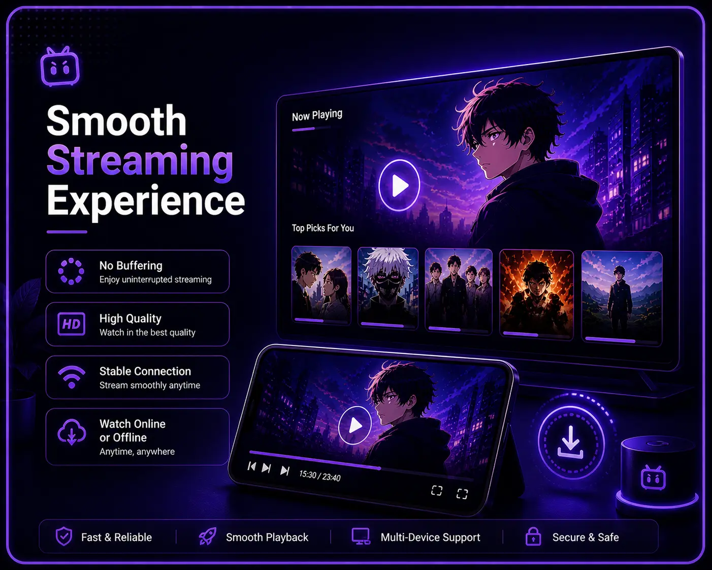 Neon purple streaming banner showing smooth streaming experience with anime content on TV and mobile screens