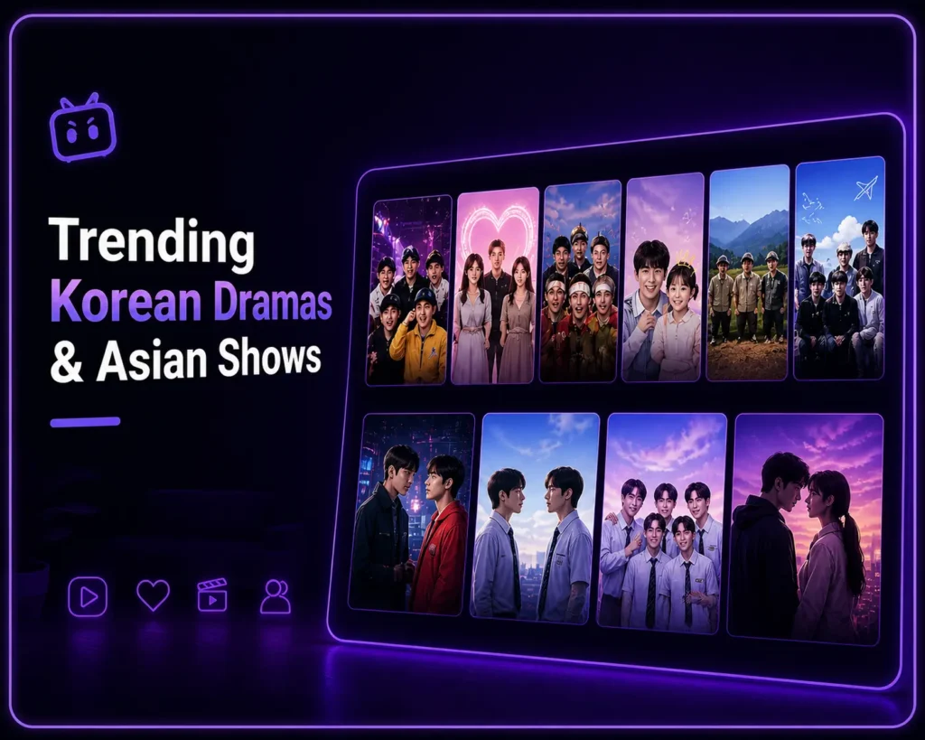 Dark neon purple themed banner showing trending Korean dramas and Asian shows with clean UI layout and glowing frame