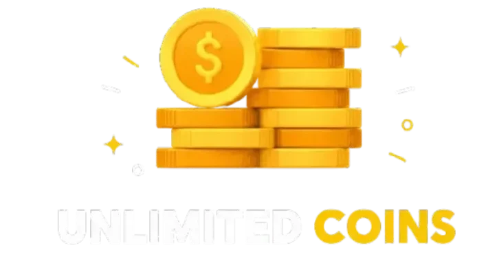 Stack of golden coins with ‘Unlimited Coins’ text on a black background.”