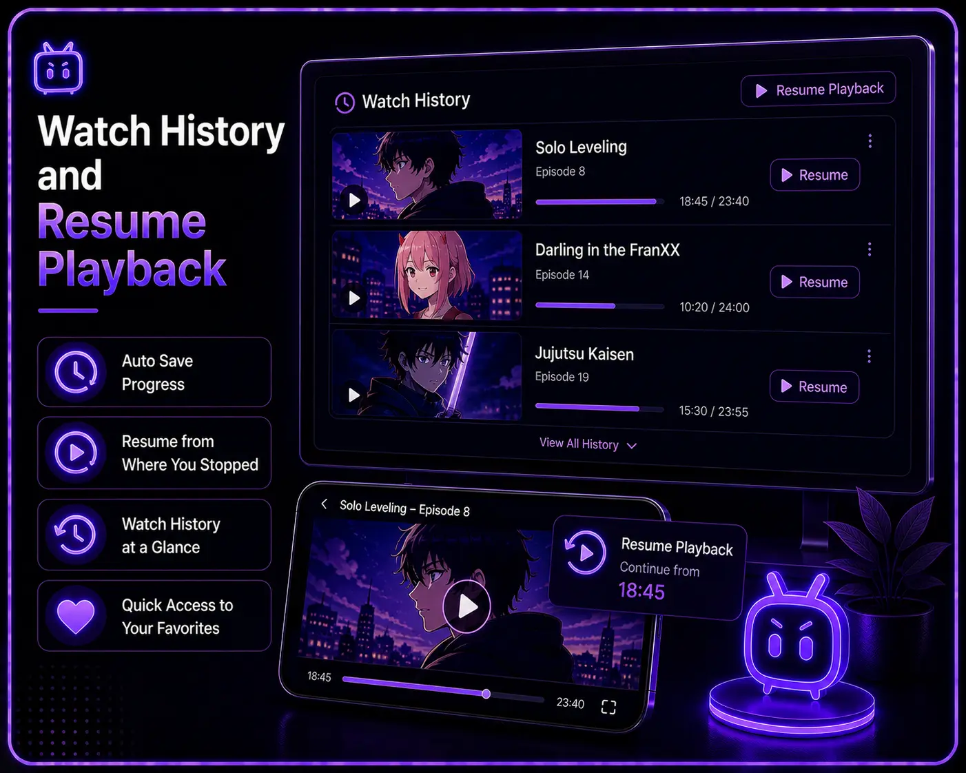 Neon purple UI showing watch history and resume playback feature with saved video progress on mobile and desktop screens.