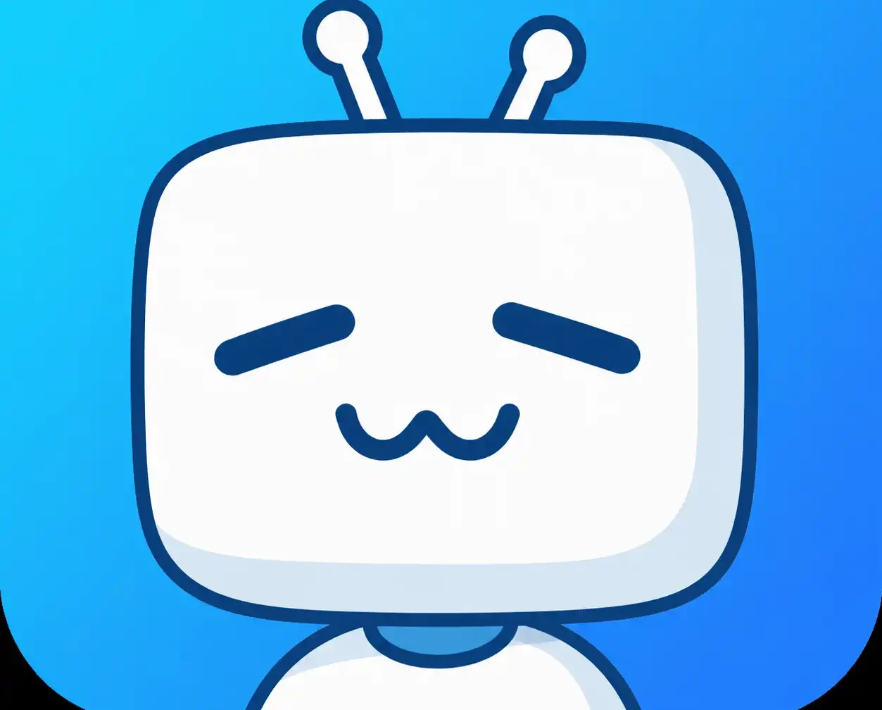 Cute white TV-shaped mascot with small antennae and a smiling face on a blue gradient background.
