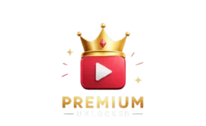 Red play button icon with a golden crown and ‘Premium Unlocked’ text on a black background.”