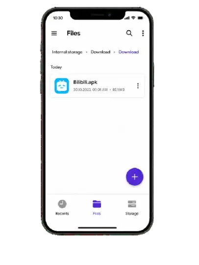 Smartphone mockup showing Bilibili.apk file in the Downloads folder inside a file manager app with a purple theme.