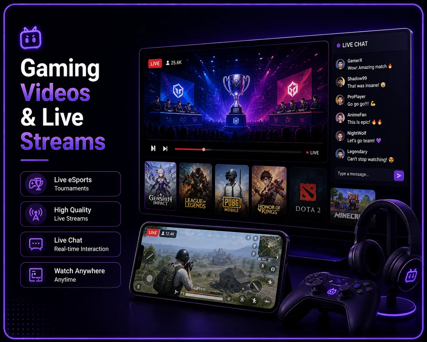 Neon purple gaming streaming interface showing live esports tournament, mobile gameplay, and real-time chat features