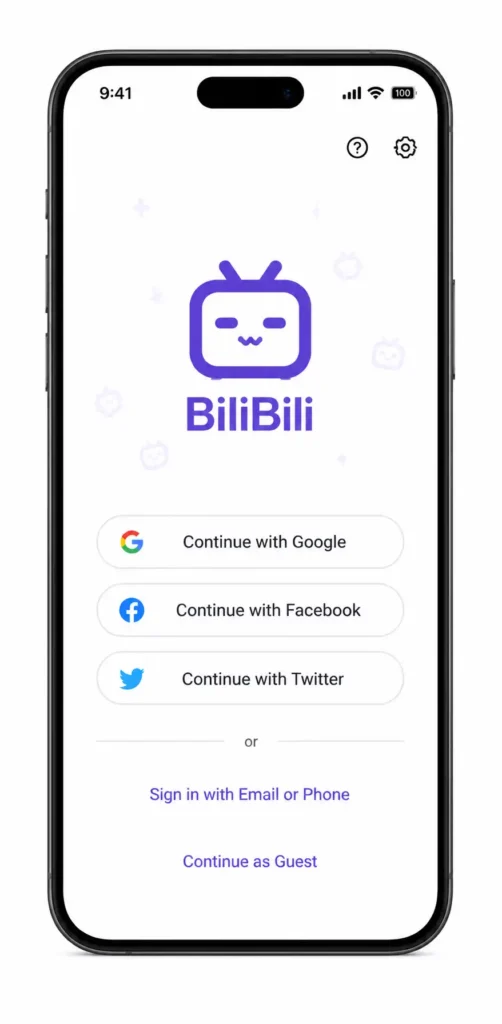 Mobile mockup showing Bilibili login screen with purple logo and sign-in options on a white background.