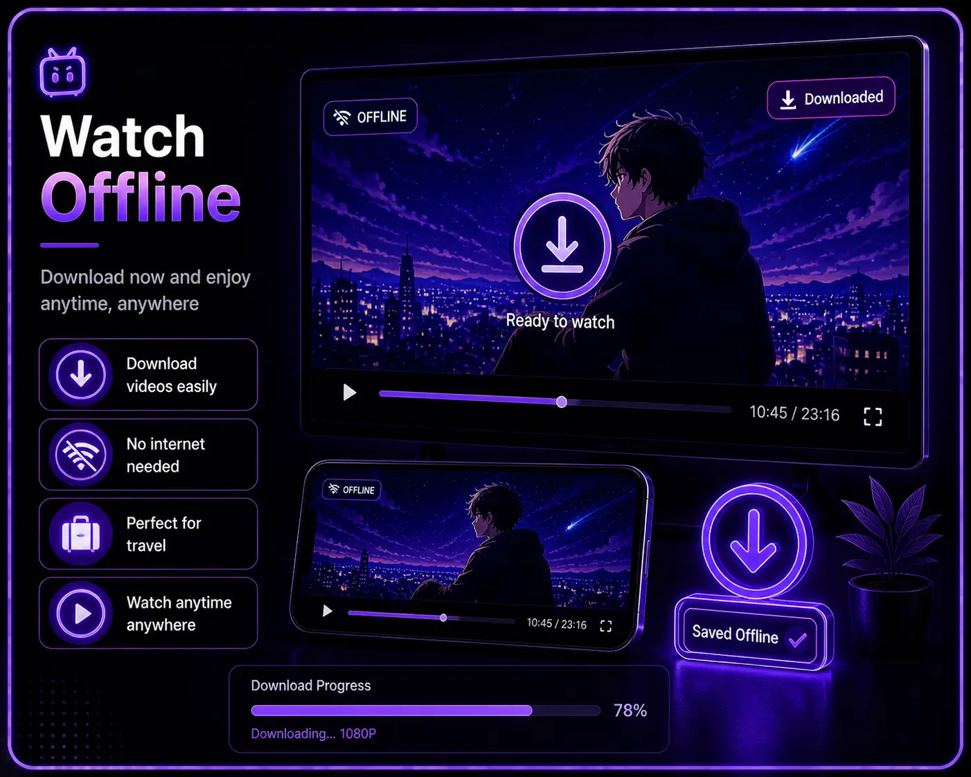 Neon purple app UI showing “Watch Offline” feature with download option, offline mode, and video playback on mobile and desktop screens.
